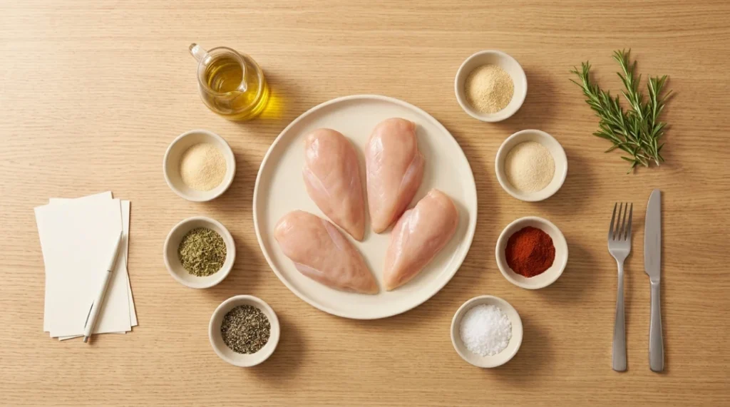 A top-down layout of raw chicken breasts, small bowls of spices and olive oil, and fresh herbs arranged on a wooden table, preparing for chicken meal prep for week.