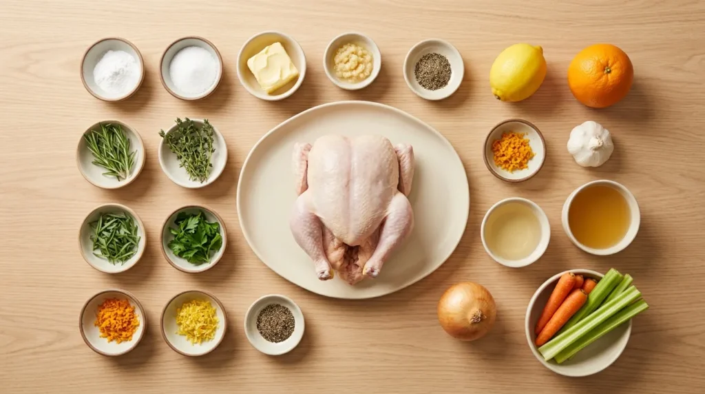A flat lay of fresh ingredients arranged on a light wood surface, including a whole chicken, herbs, citrus, butter, and vegetables, prepared for Garlic Herb Roast Chicken.