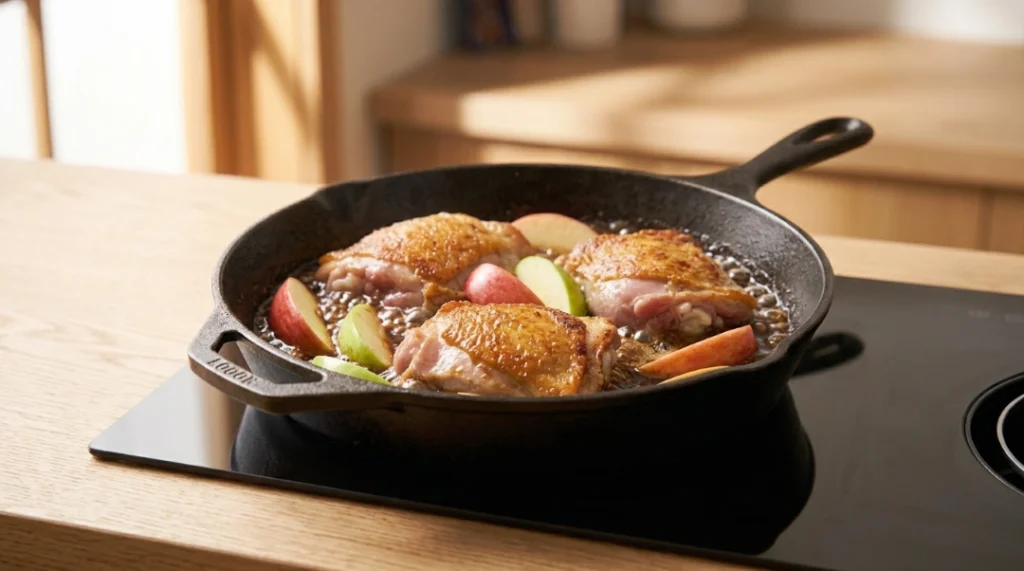 Seared chicken thighs nested skin-side up with apple wedges in a cast-iron skillet on a stovetop, prepared for apple cider glazed chicken thighs.