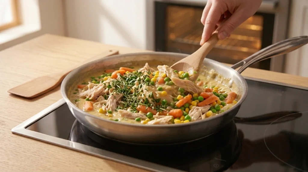 A wooden spoon stirring shredded chicken, peas, carrots, corn, and herbs into a creamy sauce in a skillet, mixing ingredients for easy homemade chicken pot pie.