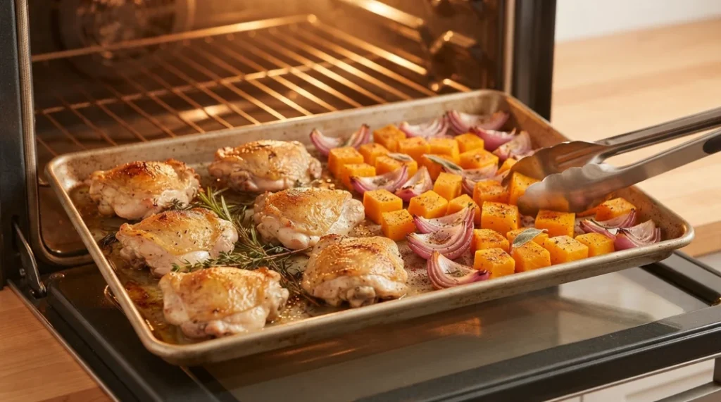 Seasoned butternut squash and red onion wedges being added around the partially baked chicken on a baking sheet, prepared for chicken and butternut squash.