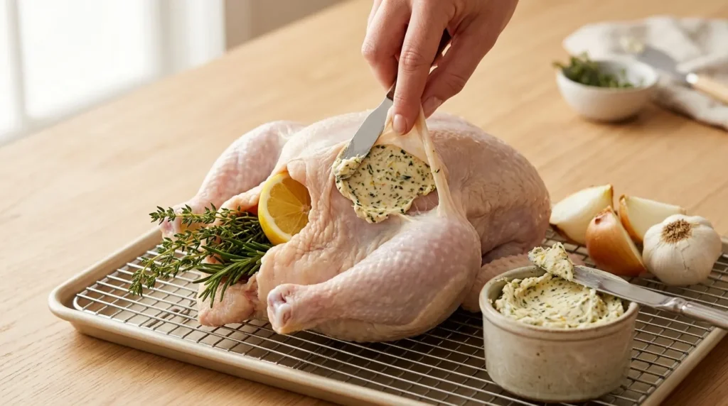 Applying herb butter under the chicken skin and stuffing the cavity with citrus and herbs for Garlic Herb Roast Chicken.