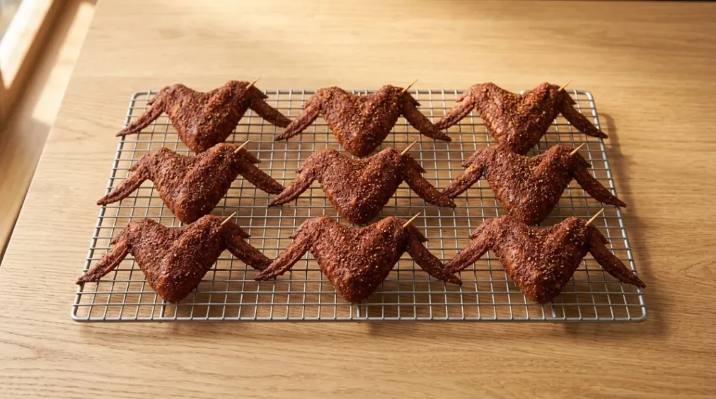 Seasoned whole chicken wings arranged flat on a wire rack with toothpicks propping them into wide bat silhouettes, preparing halloween chicken wings spooky.