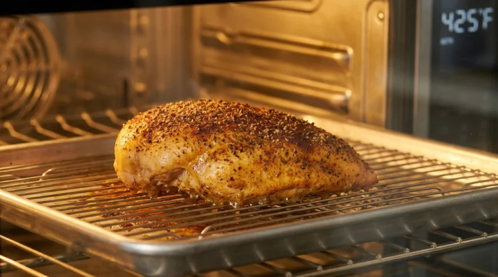 A seasoned chicken breast baking on a wire rack inside an oven set to 425°F, highlighting the baking stage for chicken meal prep for week.