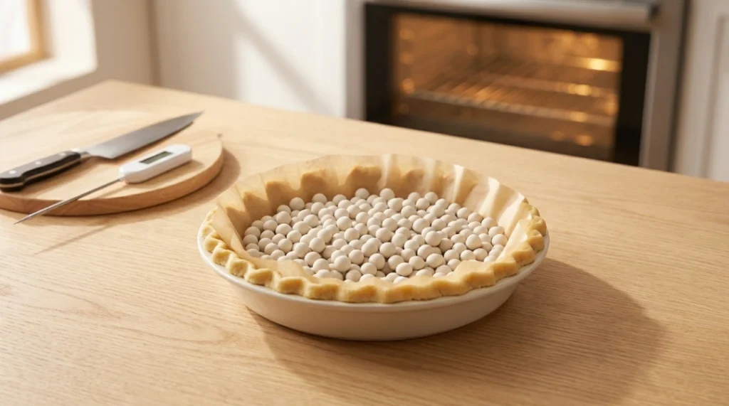A pie crust lined with parchment paper and filled with ceramic pie weights in a deep-dish plate on a wooden countertop, blind baking for easy homemade chicken pot pie.