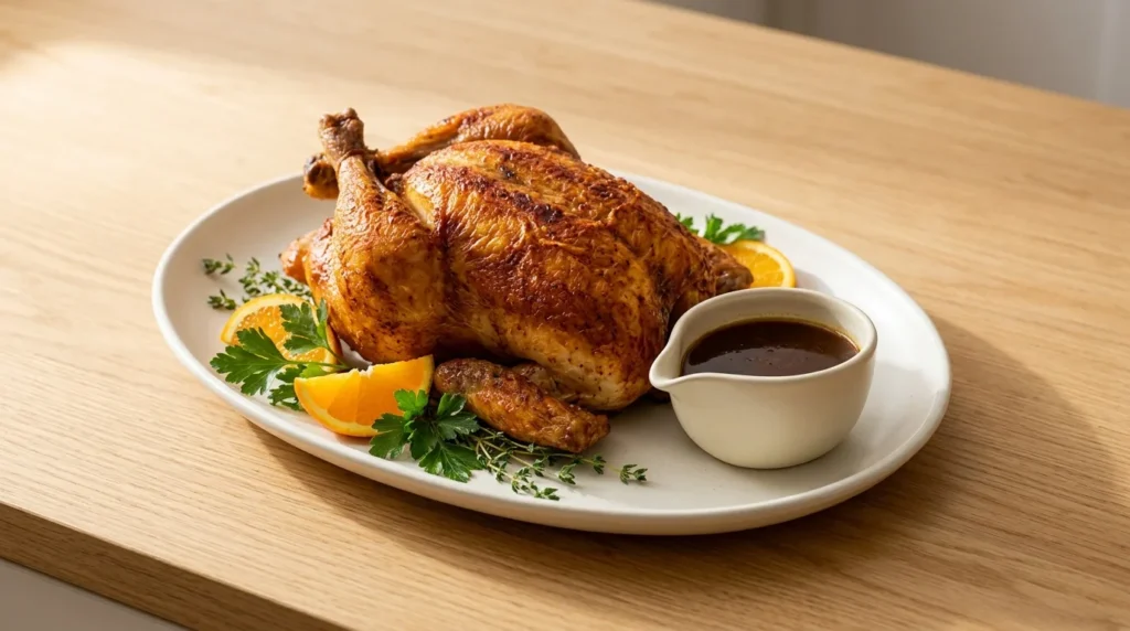 A carved and garnished Garlic Herb Roast Chicken served on a platter with fresh herbs, orange slices, and a boat of pan drippings sauce.
