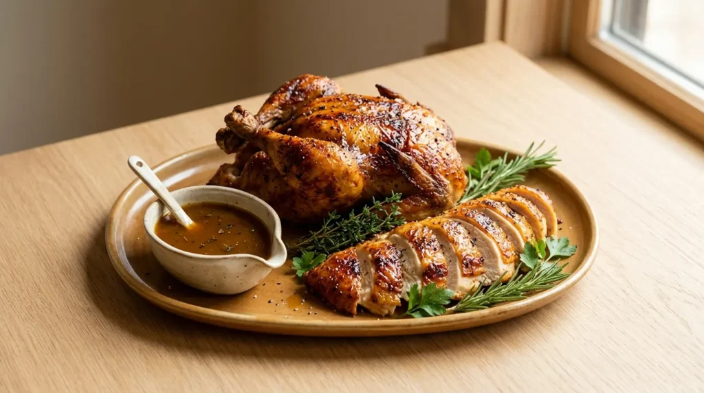 A carved whole roast chicken arranged on a warm serving platter with gravy spooned over, prepared for whole roast chicken thanksgiving.