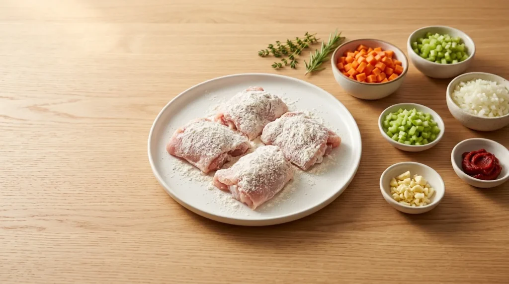 Chicken thighs lightly coated in flour on a ceramic plate, accompanied by bowls of chopped carrots, celery, and aromatics, prepared for slow cooker chicken and dumplings