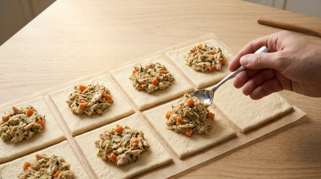 A hand using a spoon to place chicken filling onto rectangular pieces of dough on parchment paper, prepared for Halloween Chicken Mummy Wraps.