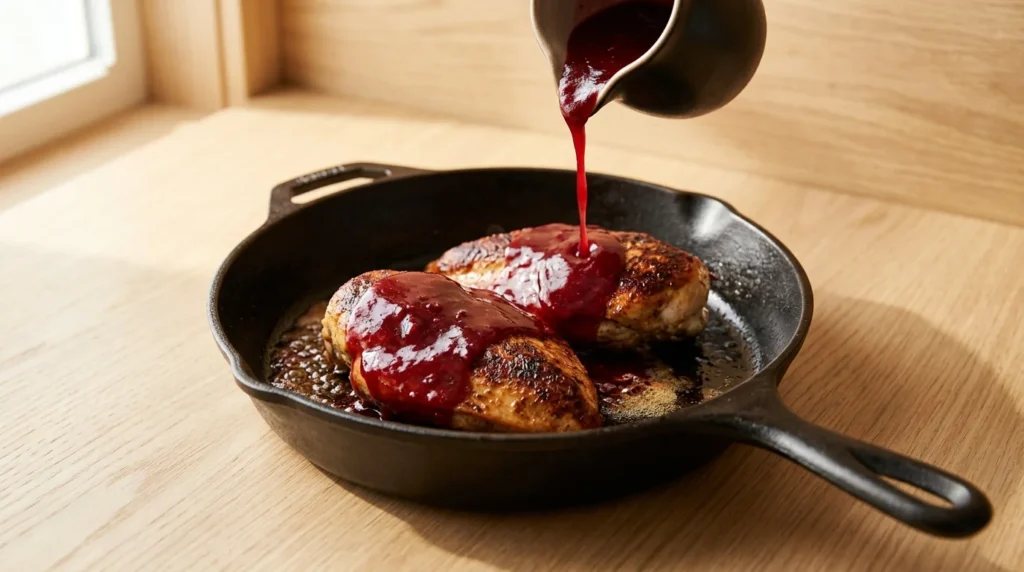 Cranberry glaze being poured from a pitcher over seared chicken breasts in a cast-iron skillet, prepared for Cranberry Glazed Chicken Breast.