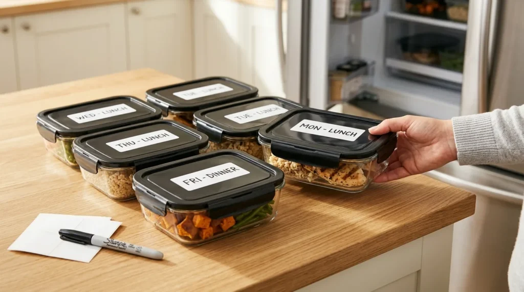 Meal prep containers labeled with days of the week on a light wood countertop, ready for high protein chicken bowl meal prep.