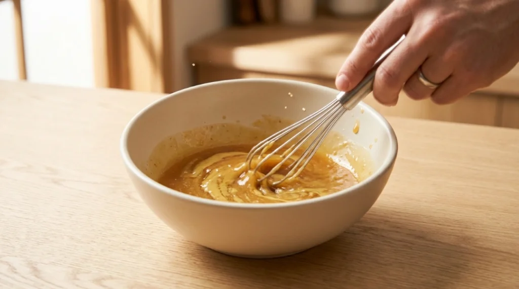A hand using a small whisk to mix apple cider, Dijon mustard, honey, and vinegar in a ceramic bowl, prepared for apple cider glazed chicken thighs.