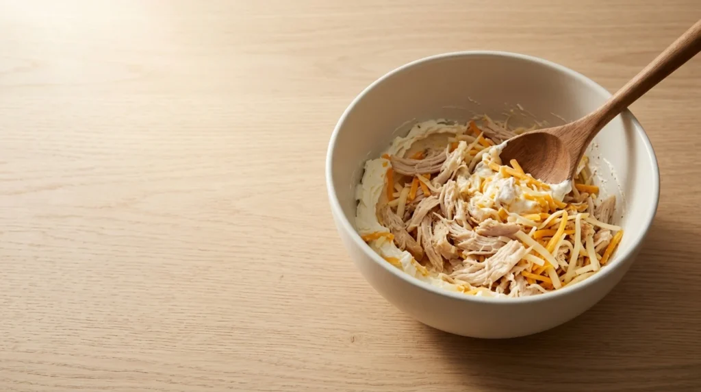 Softened cream cheese, shredded rotisserie chicken, and shredded cheese being mixed in a bowl with a wooden spoon, prepared for Halloween Chicken Mummy Wraps.
