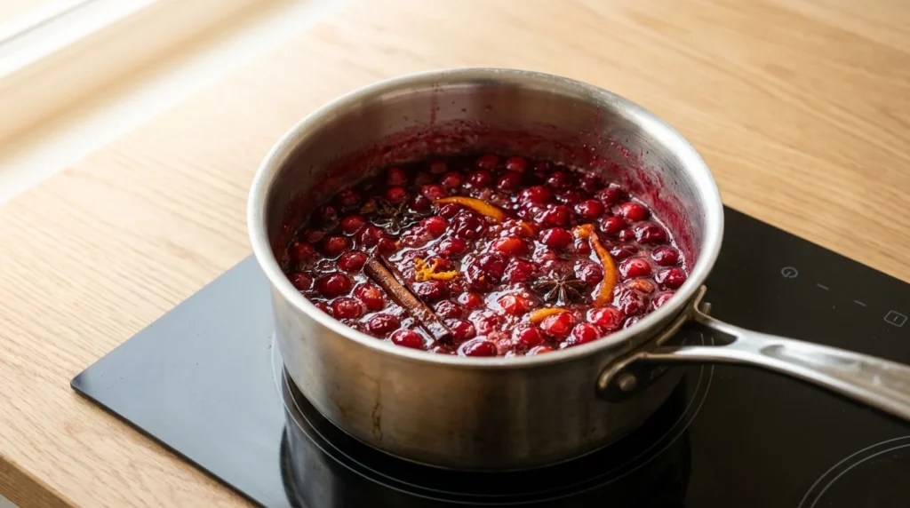A saucepan filled with a simmering cranberry glaze containing whole cranberries, cinnamon sticks, and star anise on a stovetop, prepared for Cranberry Glazed Chicken Breast.