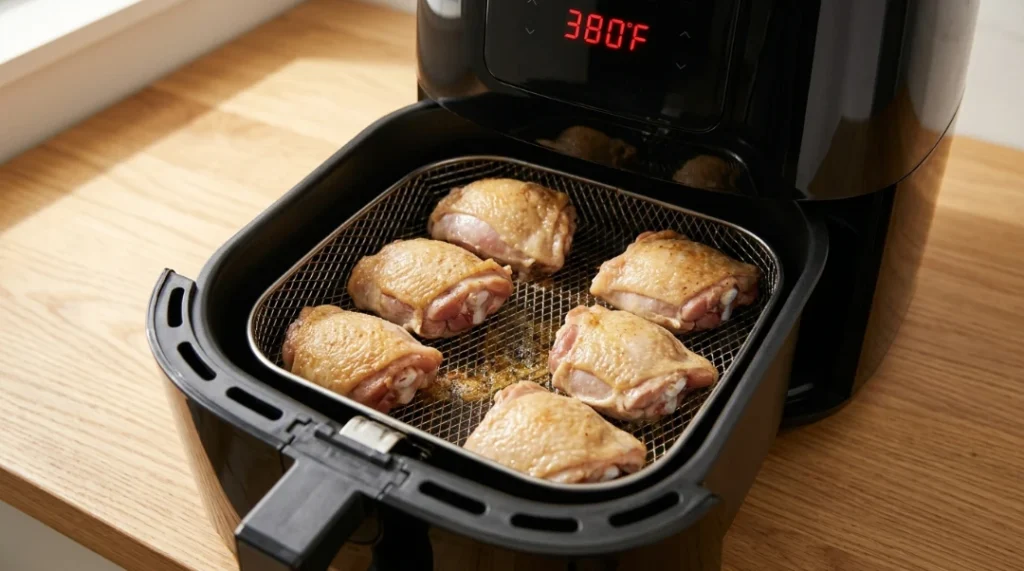 Chicken thighs placed skin-side down in the air fryer basket for the first round of cooking, prepared for keto air fryer chicken thighs.