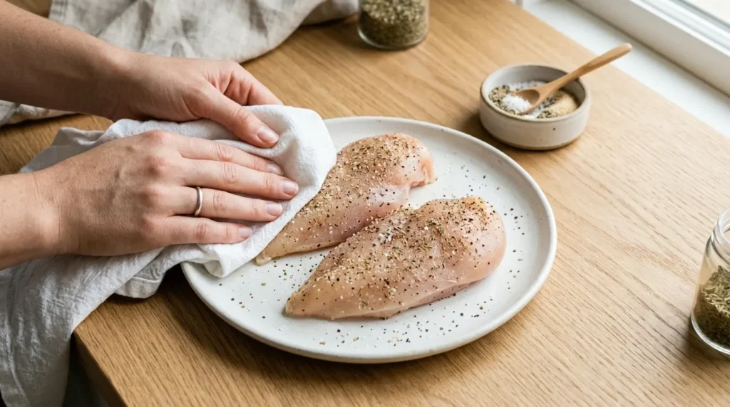 Hands patting dry and seasoning chicken breasts on a ceramic plate for Creamy Tuscan Chicken.