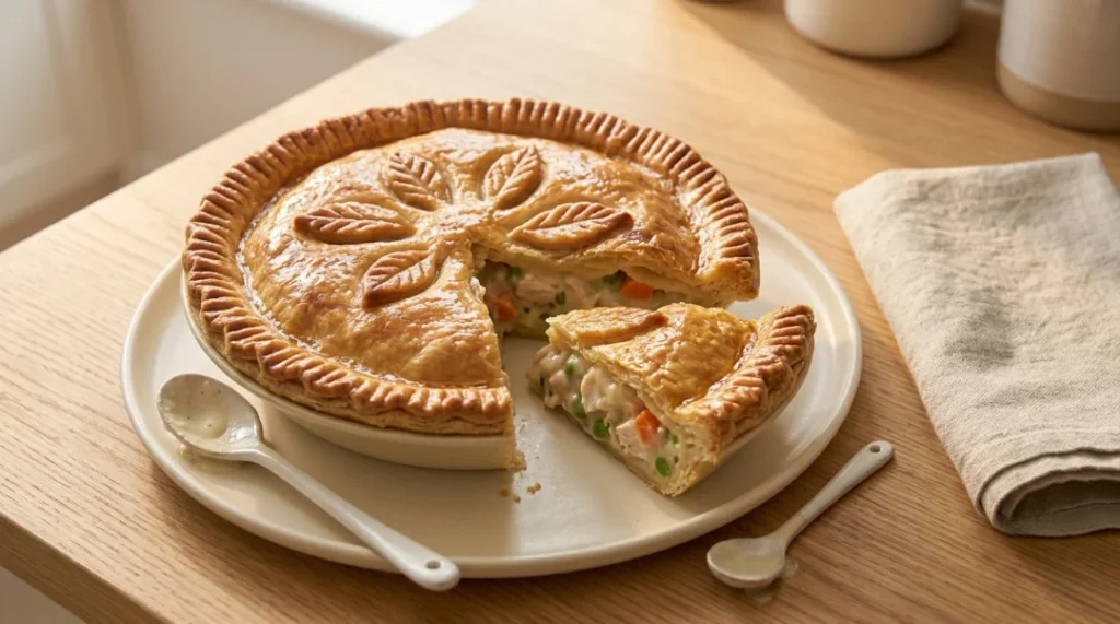 A freshly baked chicken pot pie on a wooden table with one slice cut and served on a plate, resting before serving an easy homemade chicken pot pie.