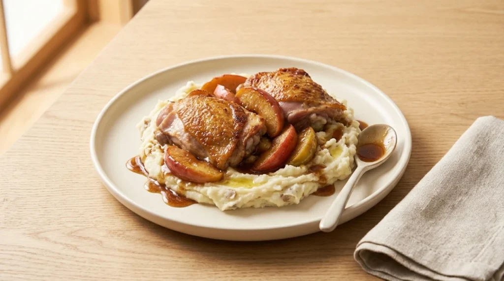 Glazed chicken thighs and roasted apples served over a bed of creamy mashed potatoes on a white plate, prepared for apple cider glazed chicken thighs.
