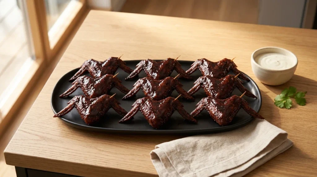 Glazed bat-shaped chicken wings resting on a black serving platter with a side of ranch dip, ready for halloween chicken wings spooky.