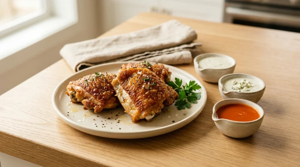 Crispy cooked chicken thighs served on a plate with small bowls of dipping sauces, prepared for keto air fryer chicken thighs.