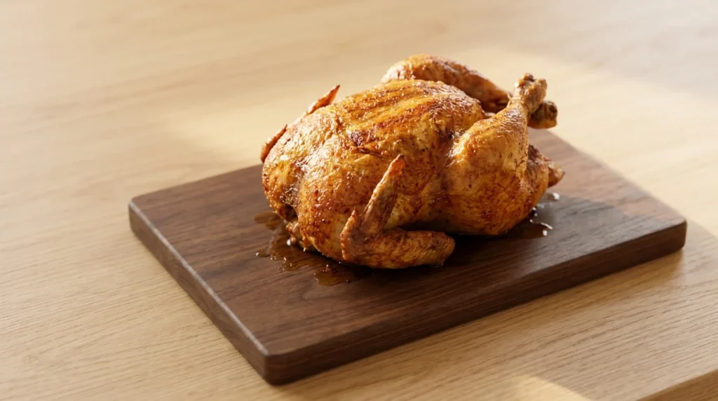 A roasted whole chicken resting on a wooden carving board, prepared for whole roast chicken thanksgiving.