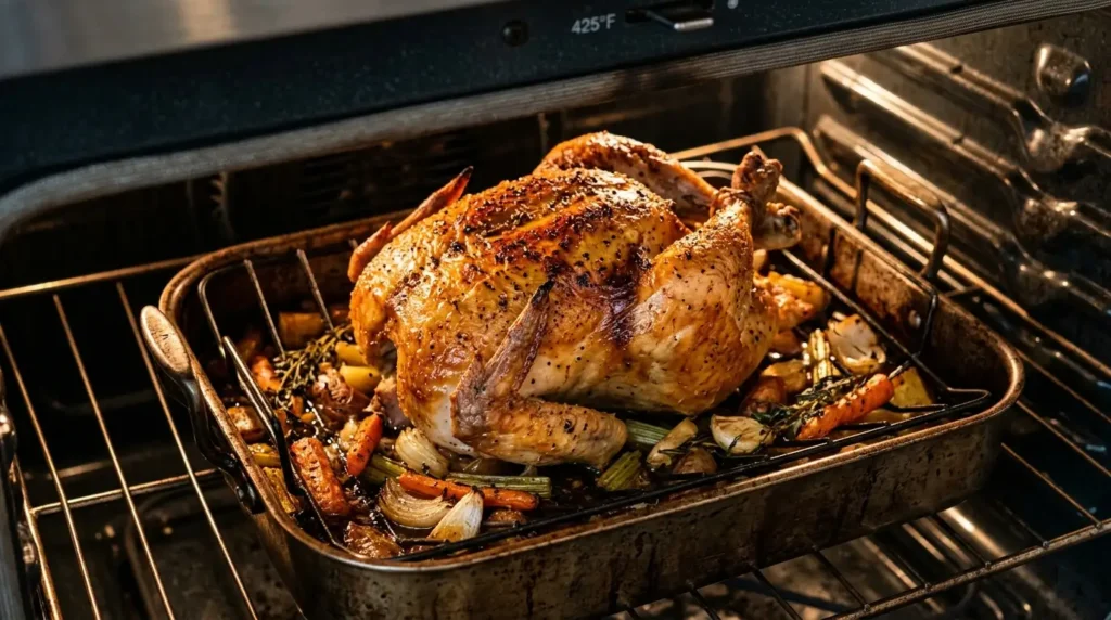 Roasting a whole chicken in the oven with scheduled basting for Garlic Herb Roast Chicken.