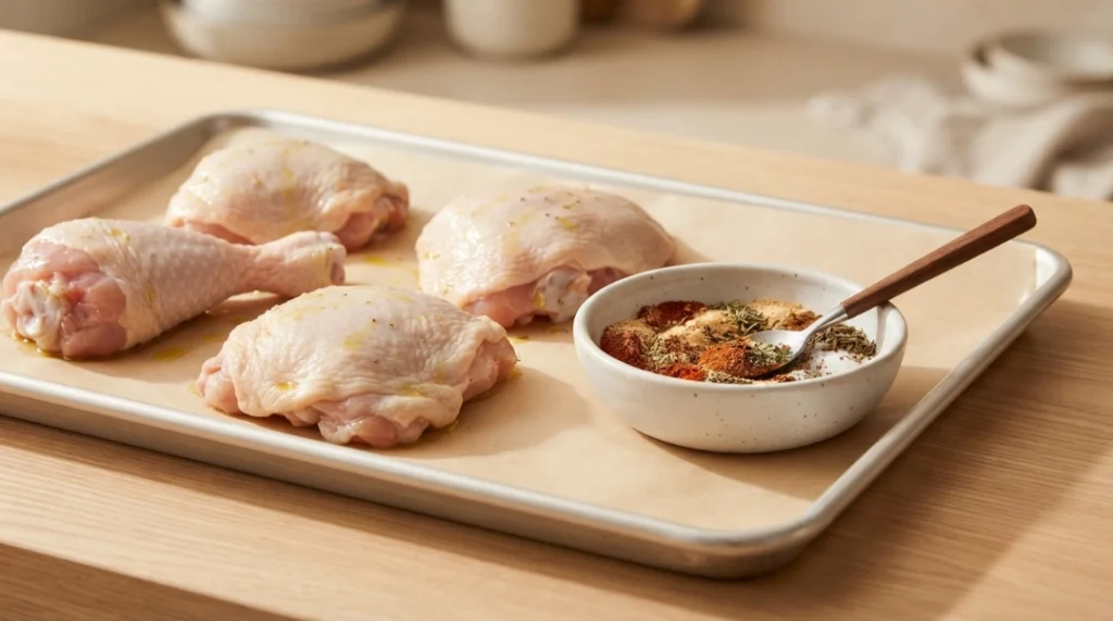 Raw chicken pieces brushed with olive oil on a parchment-lined baking sheet next to a bowl of spices, prepared for chicken and butternut squash.