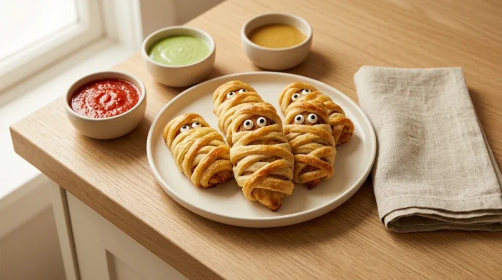 Baked Halloween Chicken Mummy Wraps served on a plate with small bowls of marinara, green ranch, and honey mustard dipping sauces.