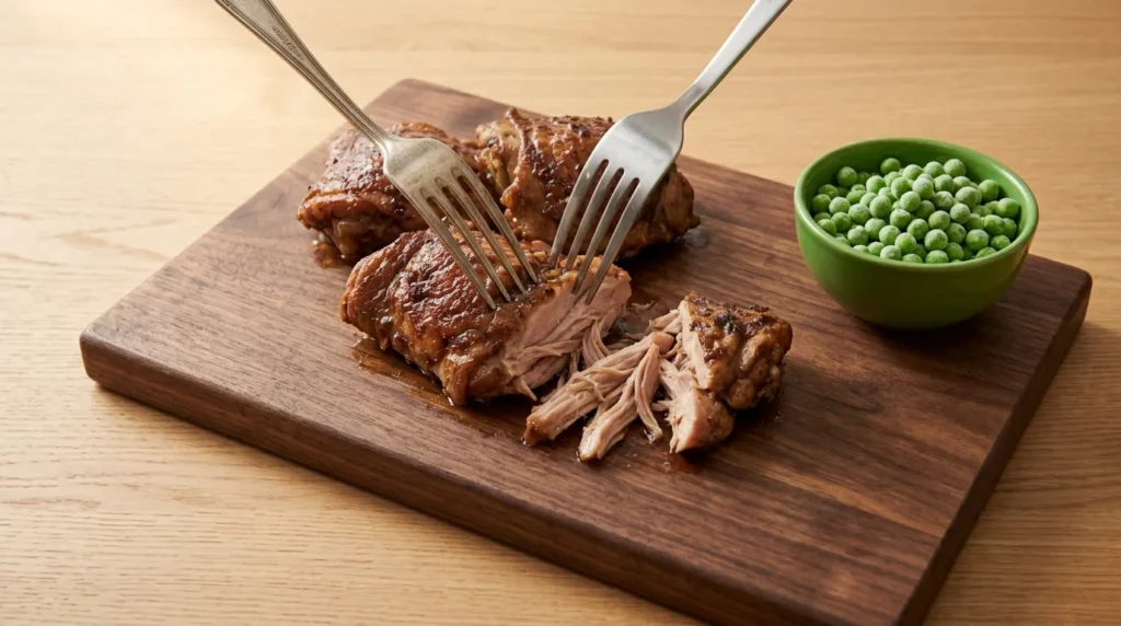 Cooked chicken thighs being shredded with two forks on a wooden cutting board next to a small bowl of green peas, prepared for slow cooker chicken and dumplings