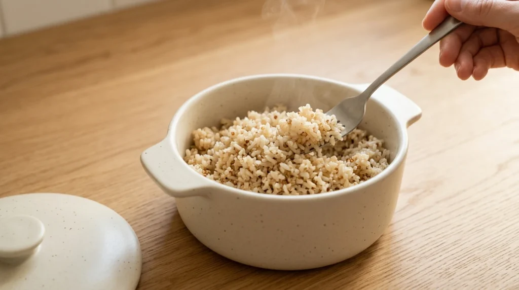 A hand using a fork to fluff freshly cooked brown rice or quinoa in a ceramic bowl on a light wood countertop, prepared for high protein chicken bowl meal prep.