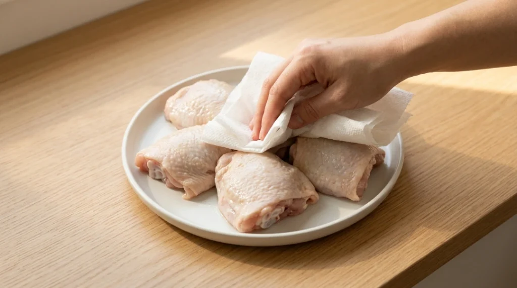 A hand using a paper towel to pat raw chicken thighs dry on a white plate, prepared for keto air fryer chicken thighs.