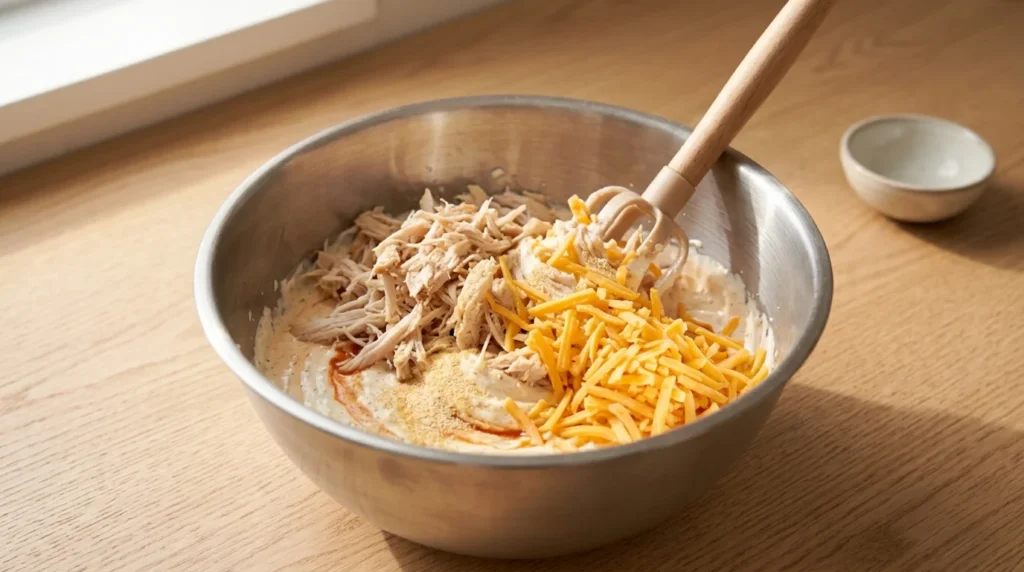 Shredded chicken, garlic powder, aur half grated cheddar cheese ko creamy base ke sath mixing bowl mein shamil kiya ja raha hai, jo Buffalo Chicken Dip recipe ke liye tayar kiya gaya hai.