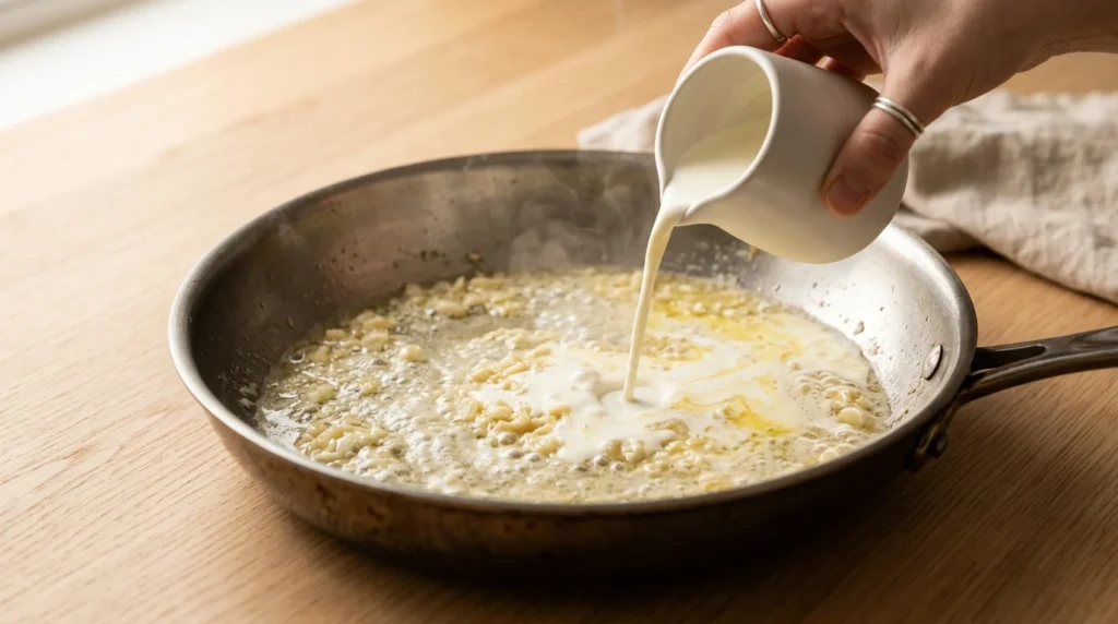 Heavy cream being poured from a pitcher into a skillet with sautéed garlic and butter, prepared for a chicken alfredo recipe.