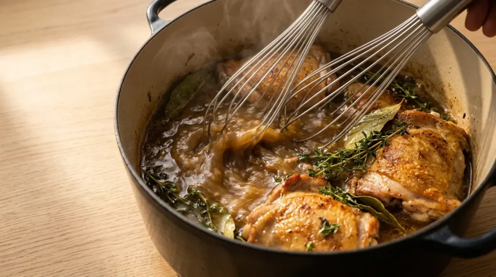 Stock being whisked into a pot with seared chicken thighs, bay leaves, and fresh thyme, prepared for a hearty chicken stew.