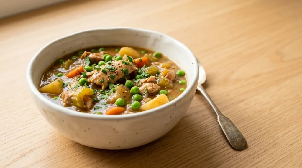 A bowl of finished chicken stew filled with tender vegetables and peas, prepared for a hearty chicken stew.