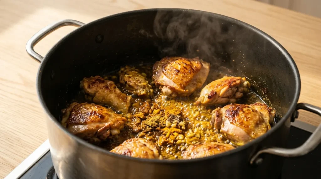 Spices blooming in oil next to seared chicken pieces in a large pot, prepared for chicken curry from scratch.