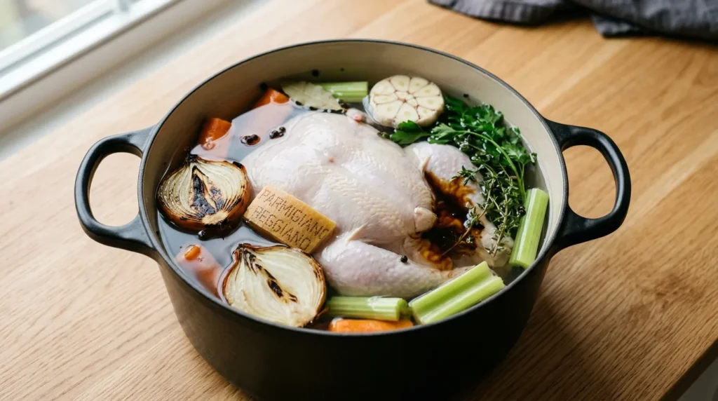 A whole chicken in a large pot filled with cold water, charred onions, carrots, celery, herbs, and aromatics, prepared for chicken soup recipe.