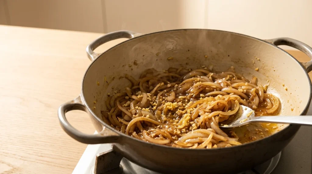 Sliced onions, minced garlic, and ginger cooking in a large pot over medium heat, prepared for chicken curry from scratch.