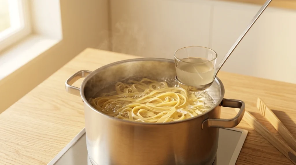 Fettuccine boiling in a pot of water while starchy water is being scooped out, prepared for a chicken alfredo recipe.