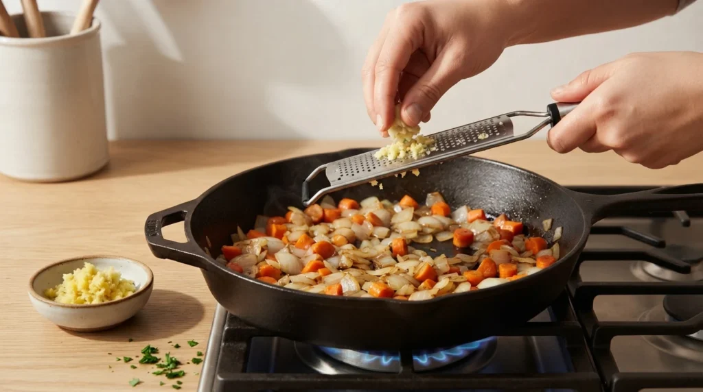 Grated ginger and garlic being added to a skillet of cooking onions and carrots, prepared for a chicken katsu curry recipe.
