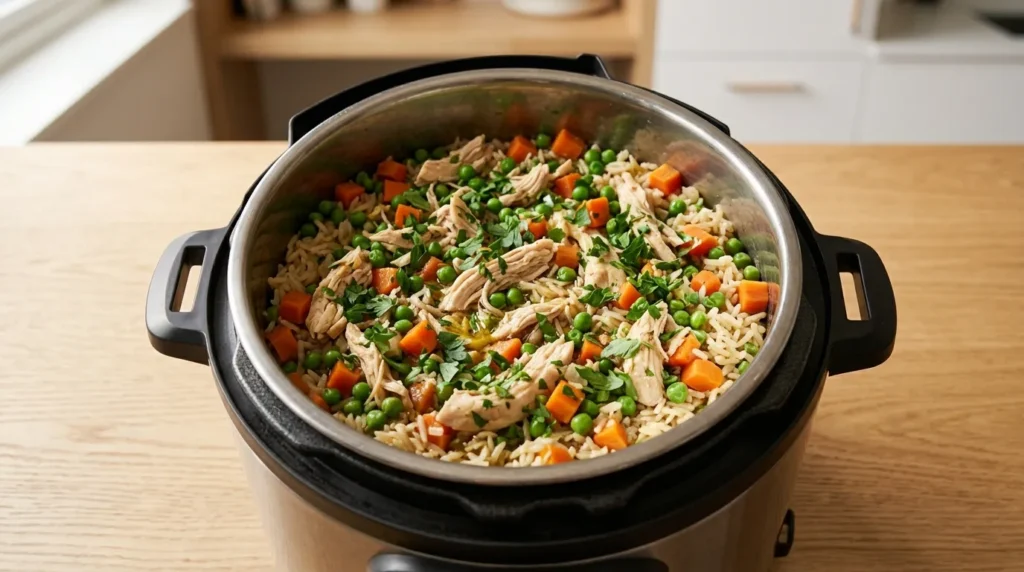 Shredded chicken, peas, carrots, and fresh parsley mixed into cooked rice inside an Instant Pot, prepared for an Instant Pot Chicken and Rice recipe.   