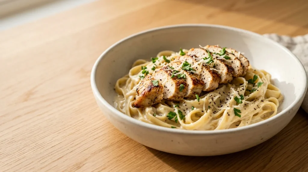 A bowl of creamy fettuccine topped with sliced chicken and fresh parsley, prepared for a chicken alfredo recipe.