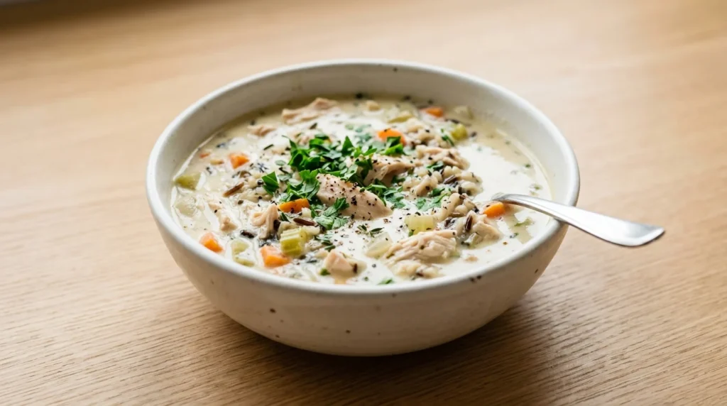 A bowl of creamy chicken and wild rice soup garnished with fresh parsley, prepared for a chicken and wild rice soup recipe.