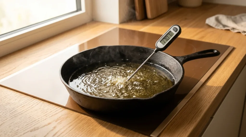 A digital thermometer measuring oil temperature in a cast-iron skillet, prepared for a chicken katsu curry recipe.