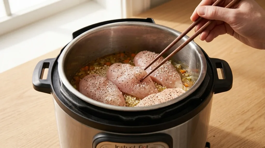Seasoned chicken breasts being placed on top of rice inside an Instant Pot using chopsticks, prepared for an Instant Pot Chicken and Rice recipe.