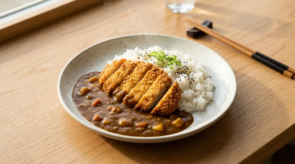 Sliced crispy chicken cutlet served over rice with curry sauce spooned around the side, prepared for a chicken katsu curry recipe.
