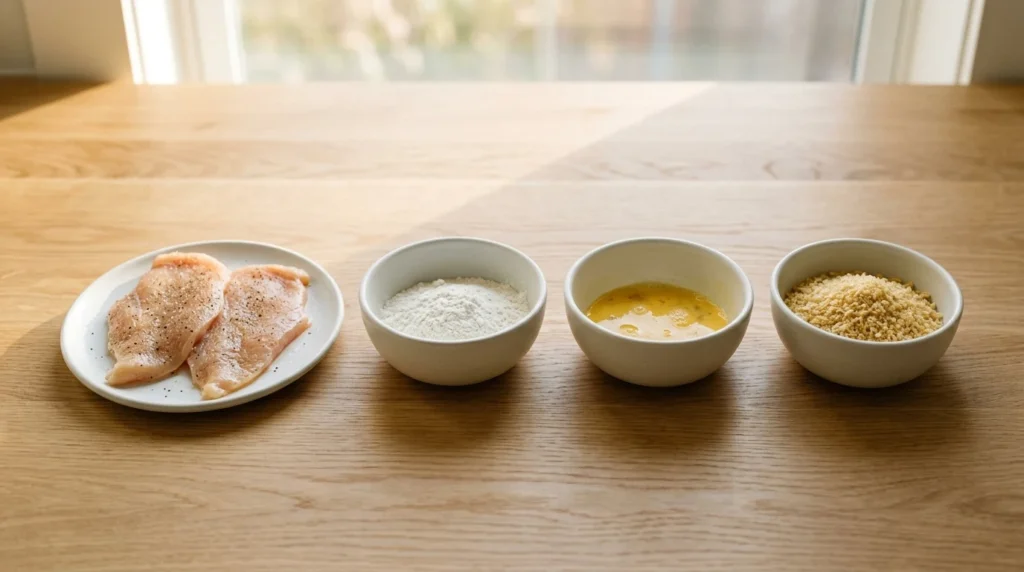 Seasoned chicken cutlets next to bowls of flour, beaten eggs, and panko breadcrumbs, prepared for a chicken katsu curry recipe.