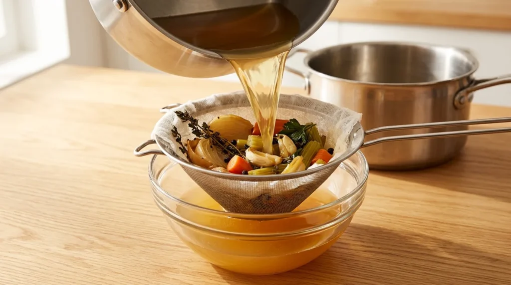 Pouring broth through a fine-mesh strainer into a large bowl to filter out spent vegetables, prepared for chicken soup recipe.