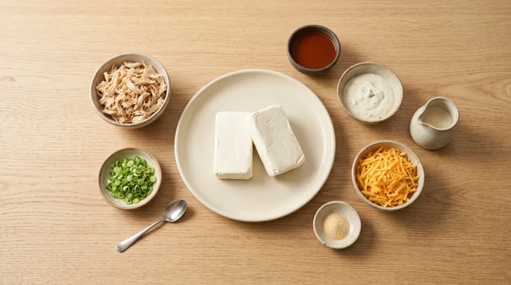 A flat lay arrangement of fresh ingredients including cream cheese, shredded chicken, hot sauce, ranch dressing, cheddar cheese, garlic powder, and green onions on a light oak wood counter, prepared for a Buffalo Chicken Dip recipe.