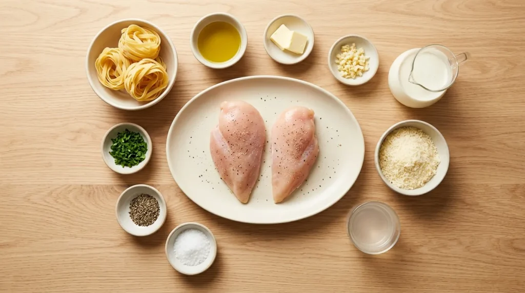 A flat lay arrangement of fresh ingredients including chicken breasts, fettuccine nests, heavy cream, parmesan, and spices, prepared for a chicken alfredo recipe.